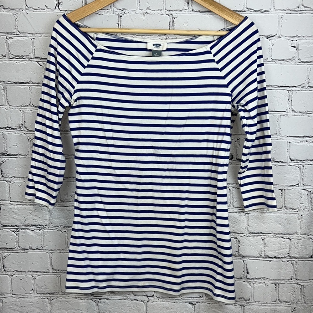 OLD NAVY Blue & White Striped Bateau Tee Shirt, Size M